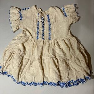 Free People Cream Cotton Dress with Blue Embroidery